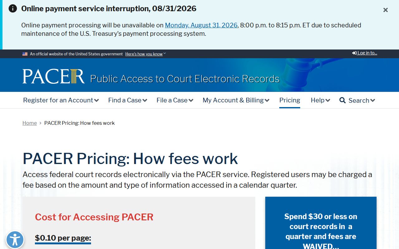 Simpson County case lookup PACER federal pricing information