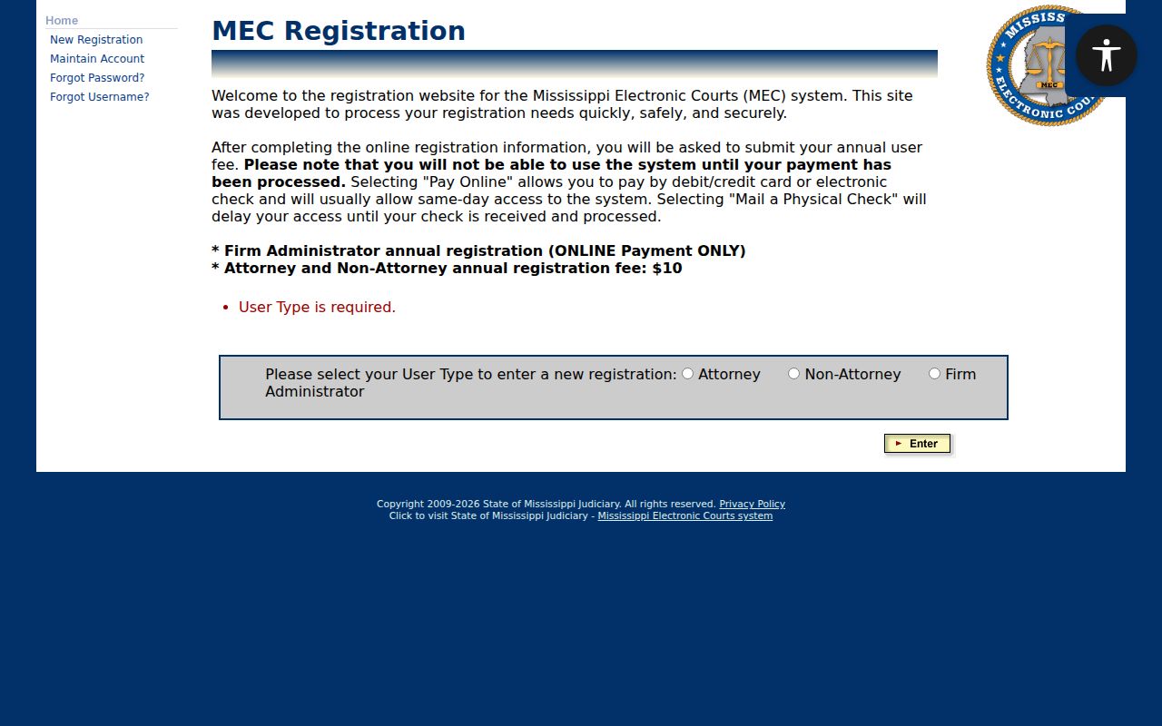 Simpson County case lookup PAMEC registration interface