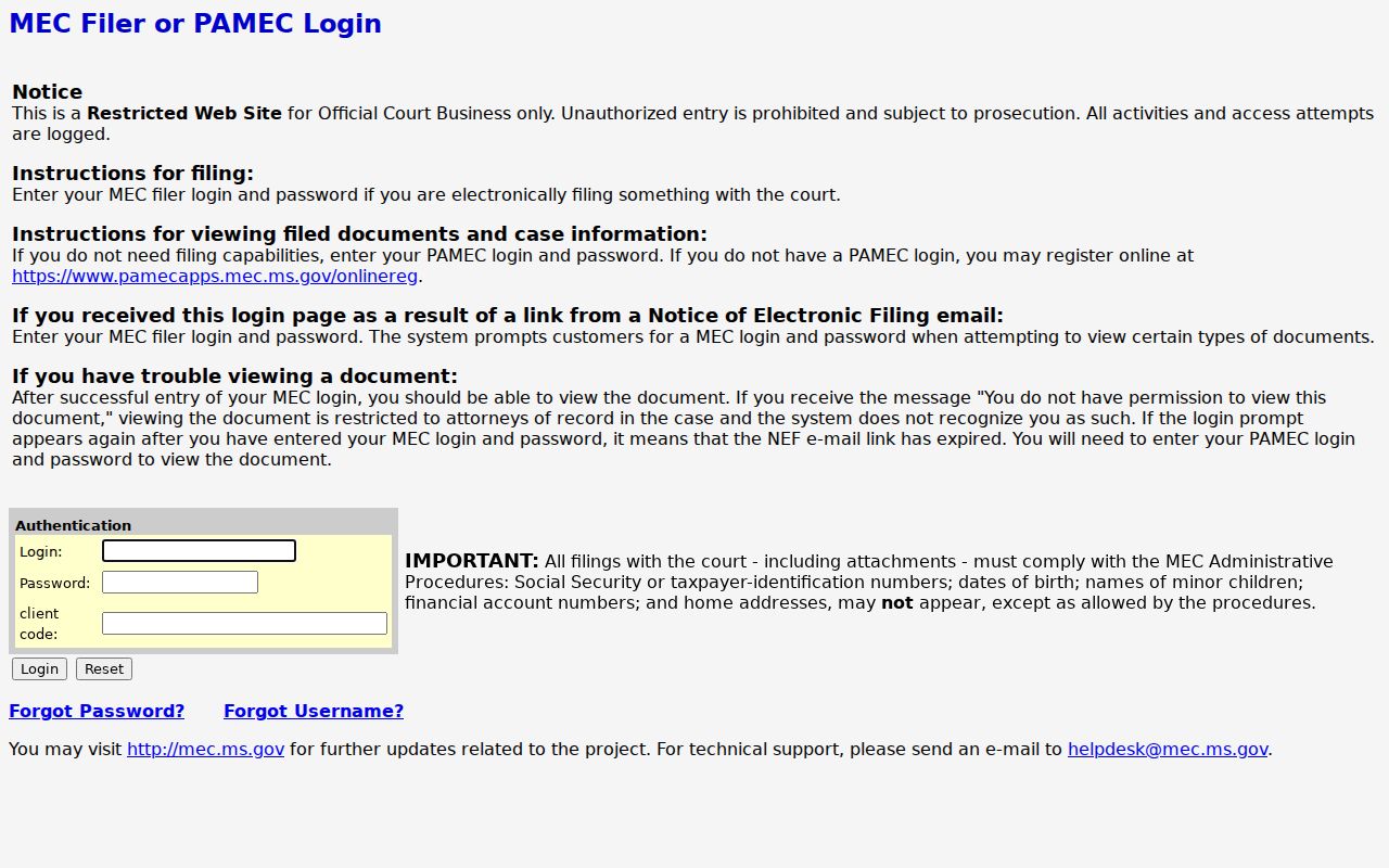 Simpson County criminal docket Circuit MEC login interface